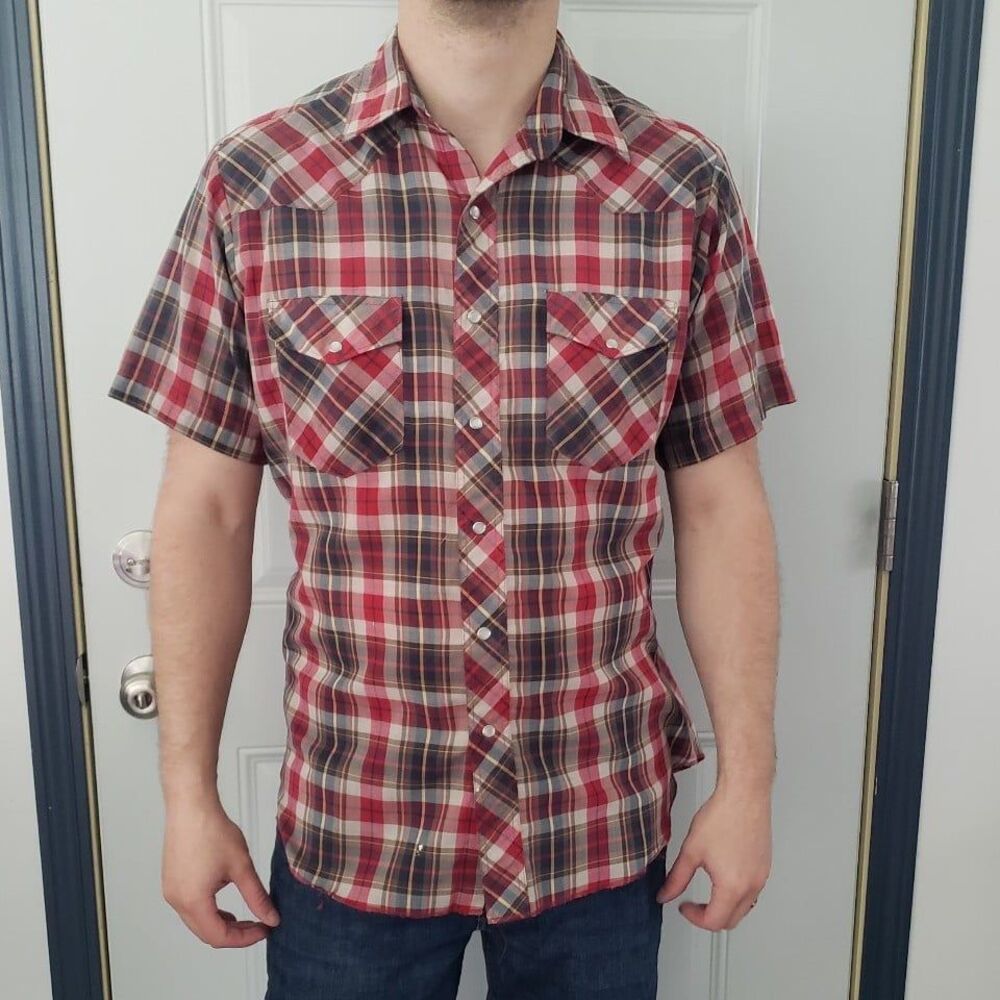 90s Wrangler Red and Gray Plaid Western Shirt‎